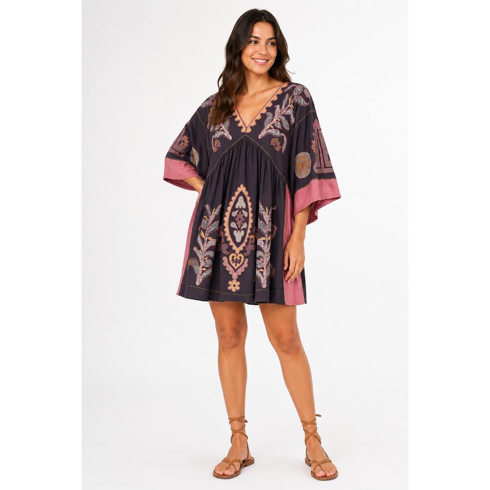 Blue Velvet Embroidered Boho Babydoll Dress NWT Purple Pink V-Neck Tunic S/M
